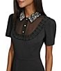 Color:Black - Image 4 - Scuba Crepe Beaded Collar Ruffle Trim Short Puff Sleeve Dress