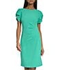 Color:Kelly - Image 3 - Scuba Crepe Boat Neck Short Puff Sleeve Side Ruched Dress