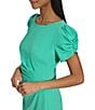 Color:Kelly - Image 4 - Scuba Crepe Boat Neck Short Puff Sleeve Side Ruched Dress