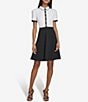Color:Soft White/Black - Image 1 - Scuba Crepe Color Block Collar Short Sleeve Mini Dress