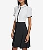 Color:Soft White/Black - Image 3 - Scuba Crepe Color Block Collar Short Sleeve Mini Dress
