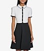 Color:Soft White/Black - Image 4 - Scuba Crepe Color Block Collar Short Sleeve Mini Dress