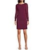KARL LAGERFELD PARIS Scuba Crepe Crew Neck Chiffon Long Sleeve Pearl Cuff Sheath Mini Dress, Color:Wine - Image 1