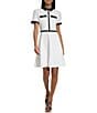 Color:Soft White/Black - Image 1 - Scuba Crepe Point Collar Neck Short Puff Sleeve A-Line Dress