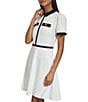Color:Soft White/Black - Image 3 - Scuba Crepe Point Collar Neck Short Puff Sleeve A-Line Dress