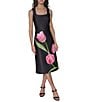 KARL LAGERFELD PARIS Scuba Tulip Print Square Neck Sleeveless Shift Midi Dress, Color:Black/Pink Floral - Image 1