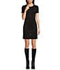 Color:Black - Image 1 - Short Sleeve Crew Neck Monogram Knee Length Dress