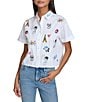 KARL LAGERFELD PARIS Short Sleeve Embroidered Button Front Blouse, Color:White Multi - Image 1