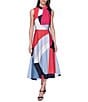 KARL LAGERFELD PARIS Silky Crepe Abstract Print Halter Neck Sleeveless Blouson Midi Dress, Color:Chambray Blue Sunset - Image 1