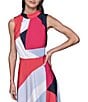 KARL LAGERFELD PARIS Silky Crepe Abstract Print Halter Neck Sleeveless Blouson Midi Dress, Color:Chambray Blue Sunset - Image 5