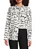 KARL LAGERFELD PARIS Silky Crepe Sketch Print Point Collar Long Sleeve Button-Front Blouse, Color:Soft White/Black - Image 1