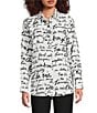 KARL LAGERFELD PARIS Silky Crepe Sketch Print Point Collar Long Sleeve Button-Front Blouse, Color:Soft White/Black - Image 4