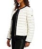 KARL LAGERFELD PARIS Solid Ruffle Collarless Water Resistant Zip Front Puffer Jacket, Color:White - Image 3
