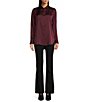 Color:Port Wine - Image 3 - Solid Woven Satin Point Collar Long Sleeve Button Front Blouse