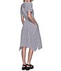 Color:Soft White/Black - Image 2 - Stripe Print Split V-Neck Short Puff Sleeve Button Front Belted Side Pocket Hanky Hem Midi Dress