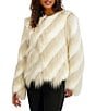 KARL LAGERFELD PARIS Striped Faux Fur Wispy Collarless Hook Front Jacket, Color:Ivory/Sand - Image 3