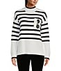 Color:Soft White - Image 1 - Striped Print Mock Neck Sequin Sunglass Detail Sweater