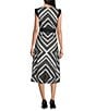 KARL LAGERFELD PARIS Textured Abstract Print V-Neck Sleeveless Belted Midi A-Line Dress, Color:Black/Cream - Image 2