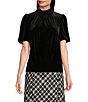 Color:Black - Image 1 - Velvet Knit Mock Neck Short Puff Sleeve Front Twist Top