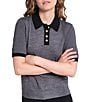 KARL LAGERFELD PARIS Wool Blend Two Color Johnny Collar Short Sleeve Sweater Top - Image 5