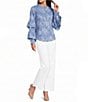 KARL LAGERFELD PARIS Woven Floral Print Mock Neck Long Sleeve Top - Image 3