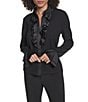 KARL LAGERFELD PARIS Woven Jersey Button V-Neck Round Long Sleeve Ruffle Front Blouse - Image 1