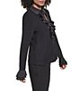 KARL LAGERFELD PARIS Woven Jersey Button V-Neck Round Long Sleeve Ruffle Front Blouse - Image 3