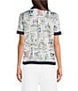 KARL LAGERFELD PARIS Woven Satin Crepe Printed Point Collar Short Sleeve Top - Image 2