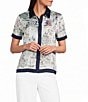 KARL LAGERFELD PARIS Woven Satin Crepe Printed Point Collar Short Sleeve Top - Image 1