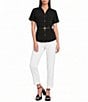 KARL LAGERFELD PARIS Woven Spread Collar Short Sleeve Rosette Belt Top - Image 3