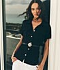 KARL LAGERFELD PARIS Woven Spread Collar Short Sleeve Rosette Belt Top - Image 5