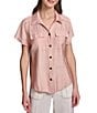 KARL LAGERFELD PARIS Woven Subtle Slub Spread Collar Short Sleeve Front Button Shirt - Image 1