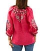 Color:Azalea Pink - Image 2 - Embroidered V-Neck 3/4 Peasant Sleeve Blouse