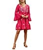 Color:Azalea Pink - Image 1 - Embroidered V-Neck Long Bell Sleeve Tiered Dress