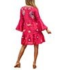 Color:Azalea Pink - Image 2 - Embroidered V-Neck Long Bell Sleeve Tiered Dress