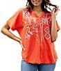 Color:Spicy Orange - Image 1 - Embroidered V Neckline Short Sleeve Blouse