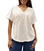 Color:White - Image 1 - Embroidered V Neckline Short Sleeve Tee Shirt