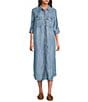 Karyn Seo Fia Chambray Vintage-Inspired Embroidered Roll Tab Sleeve Button Front Midi Shirt Dress, Color:Rose - Image 1
