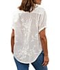 Color:White - Image 2 - Floral Embroidery Collared Neckline Short Cuffed Sleeve Shirt