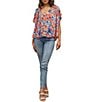 Color:Multi - Image 5 - Floral Printed Split Tie V-Neck Short Flutter Sleeve Top