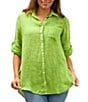 Color:Bold Olive - Image 1 - Geometric and Floral Embroidery Collared Neckline 3/4 Roll Tab Sleeve Shirt