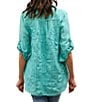 Color:Seaglass - Image 2 - Geometric and Floral Embroidery Collared Neckline 3/4 Roll Tab Sleeve Shirt