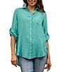 Color:Seaglass - Image 1 - Geometric and Floral Embroidery Collared Neckline 3/4 Roll Tab Sleeve Shirt
