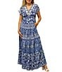 Karyn Seo Gypsy Bohemian Print Cinched Waist V-Neck Short Sleeve Maxi Dress, Color:Blue Multi - Image 1