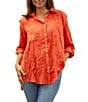 Color:Spicy Orange - Image 1 - Hand Embordered Floral Long Sleeve Collared Blouse