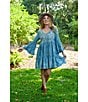 Color:Light Blue - Image 3 - Hilda Woven V-Neck Bell Sleeve Embroidered Tiered Dress