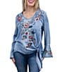 Karyn Seo Ida Woven Solid V-Neck Long Sleeve Left Side Hem Tie Blouse - Image 1