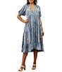 Karyn Seo Josie Embroidered Chambray V-Neck Short Sleeve Tiered Midi Dress, Color:Coral/Turquoise - Image 1