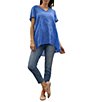 Color:Provence Blue - Image 2 - Martina V-Neck Short Sleeve Tonal Embroidered Asymmetrical High-Low Hem Tunic