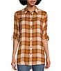 Color:Old Gold Plaid - Image 1 - Noel Velvet Woven Embroidered Plaid Print Point Collar Roll-Tab Sleeve Button Front Shirt